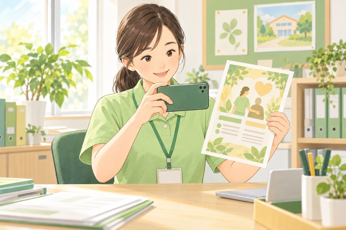 介護施設の事務所で求人票をスマホで撮る担当者