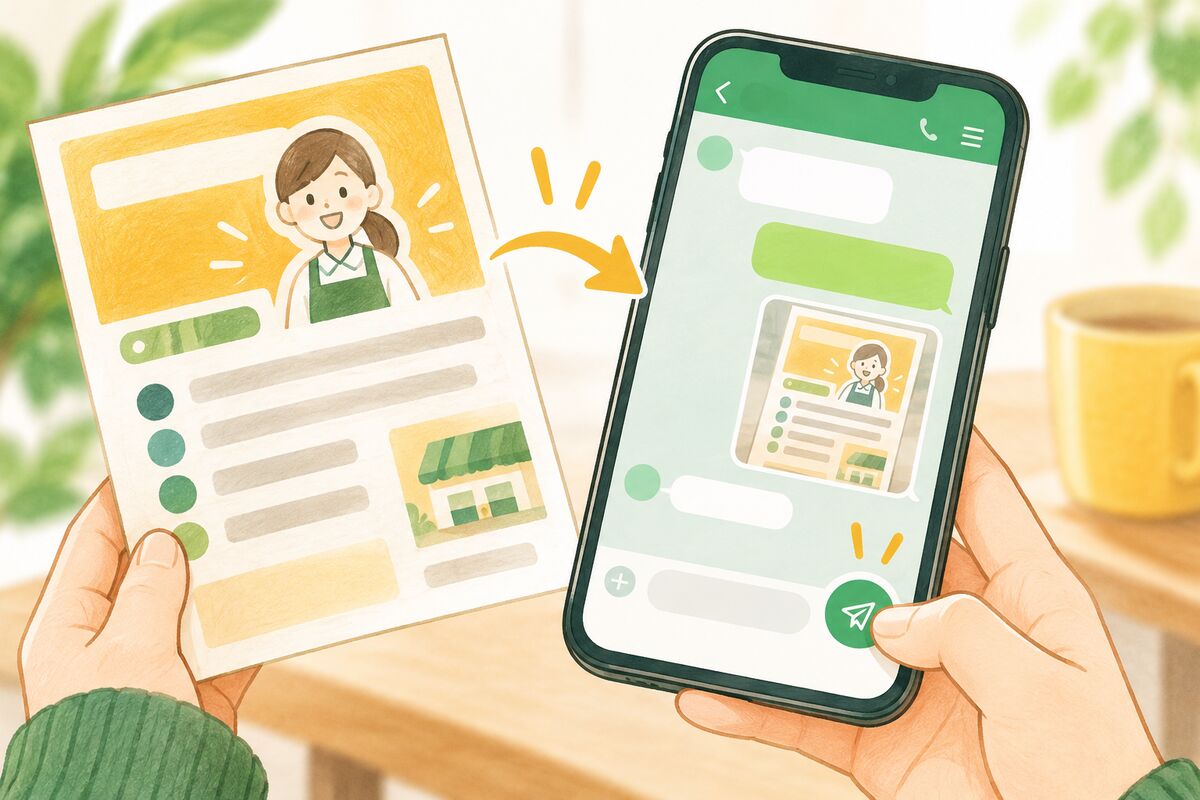 求人票の写真をスマホのLINE画面に送る様子