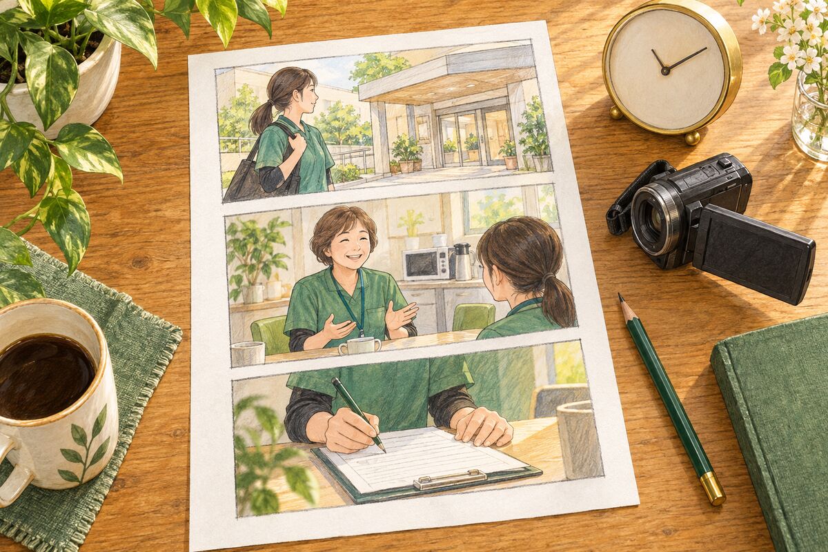 縦長の動画3コマの絵コンテと時計とカメラのアイコン
