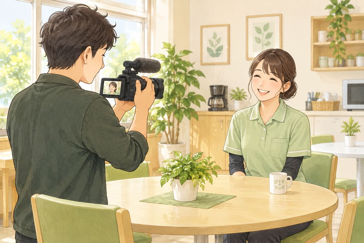 施設の休憩室で職員を撮影するカメラマン